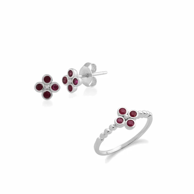 Floral Round Ruby Clover Stud Earrings & Ring Set in 925 Sterling Silver sold by Gemondo Jewellery