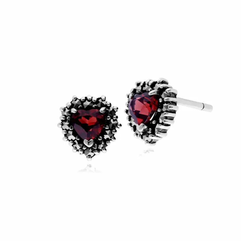 Classic Heart Garnet & Marcasite Halo Heart Stud Earrings in 925 Sterling Silver sold by Gemondo Jewellery
