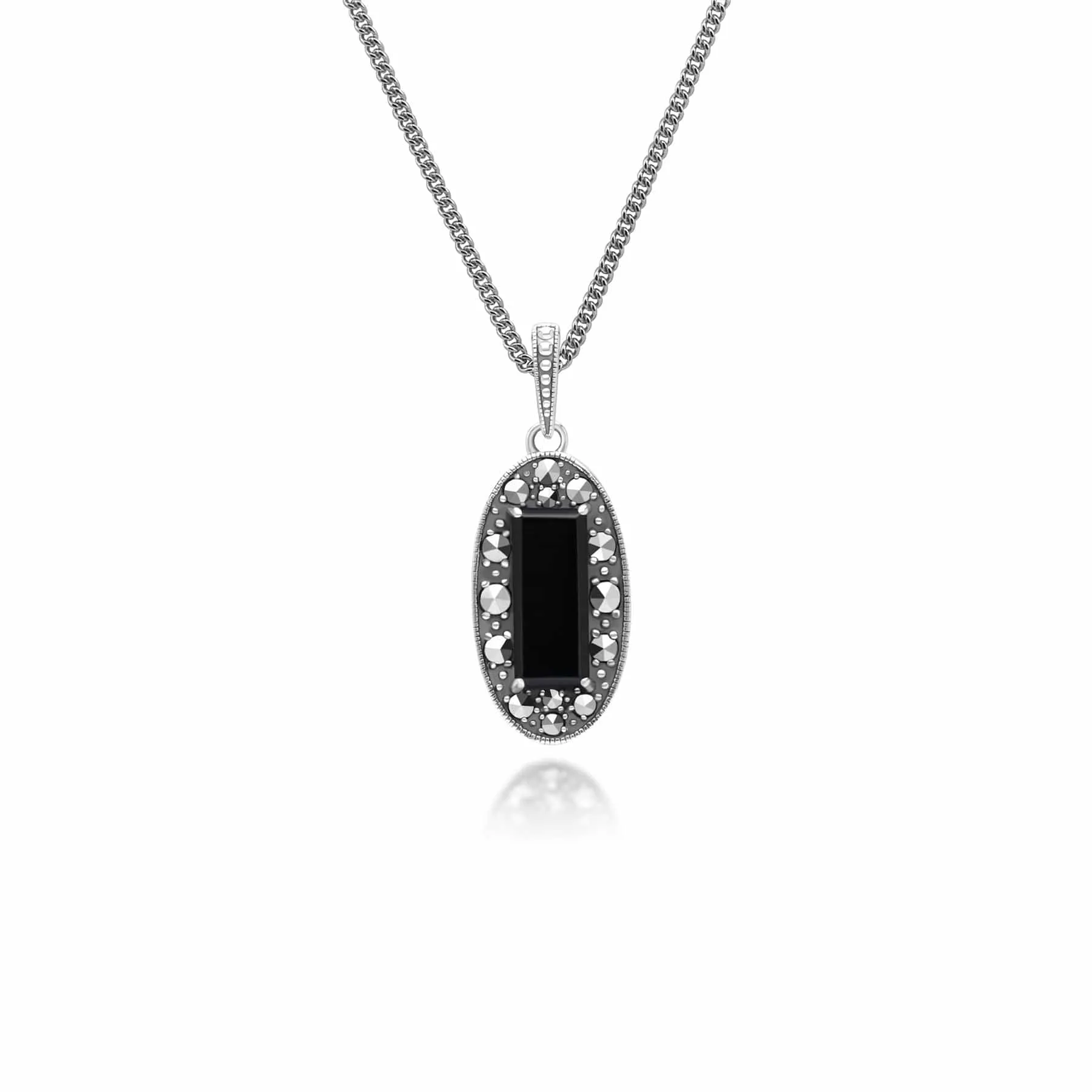 Art Deco Style Oval Onyx and Marcasite Pendant Necklace in Sterling Silver sold by Gemondo Jewellery