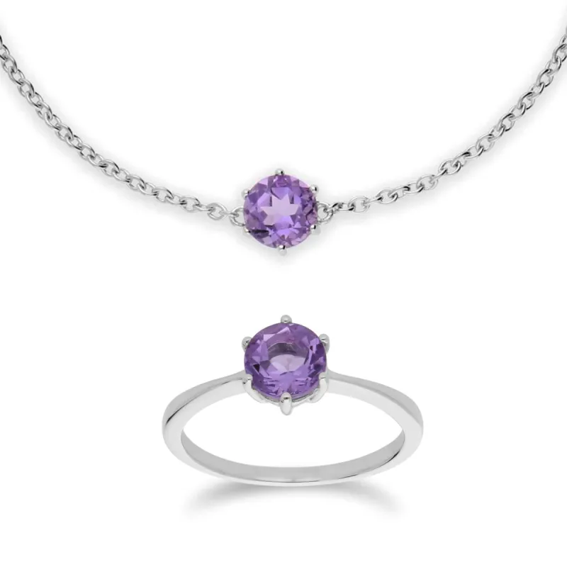 Amethyst Bezel Bracelet & Ring Set in 925 Sterling Silver sold by Gemondo Jewellery