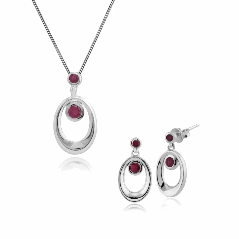 Classic Round Ruby Bezel Oval Halo Drop Earrings & Pendant Set in 925 Sterling Silver sold by Gemondo Jewellery