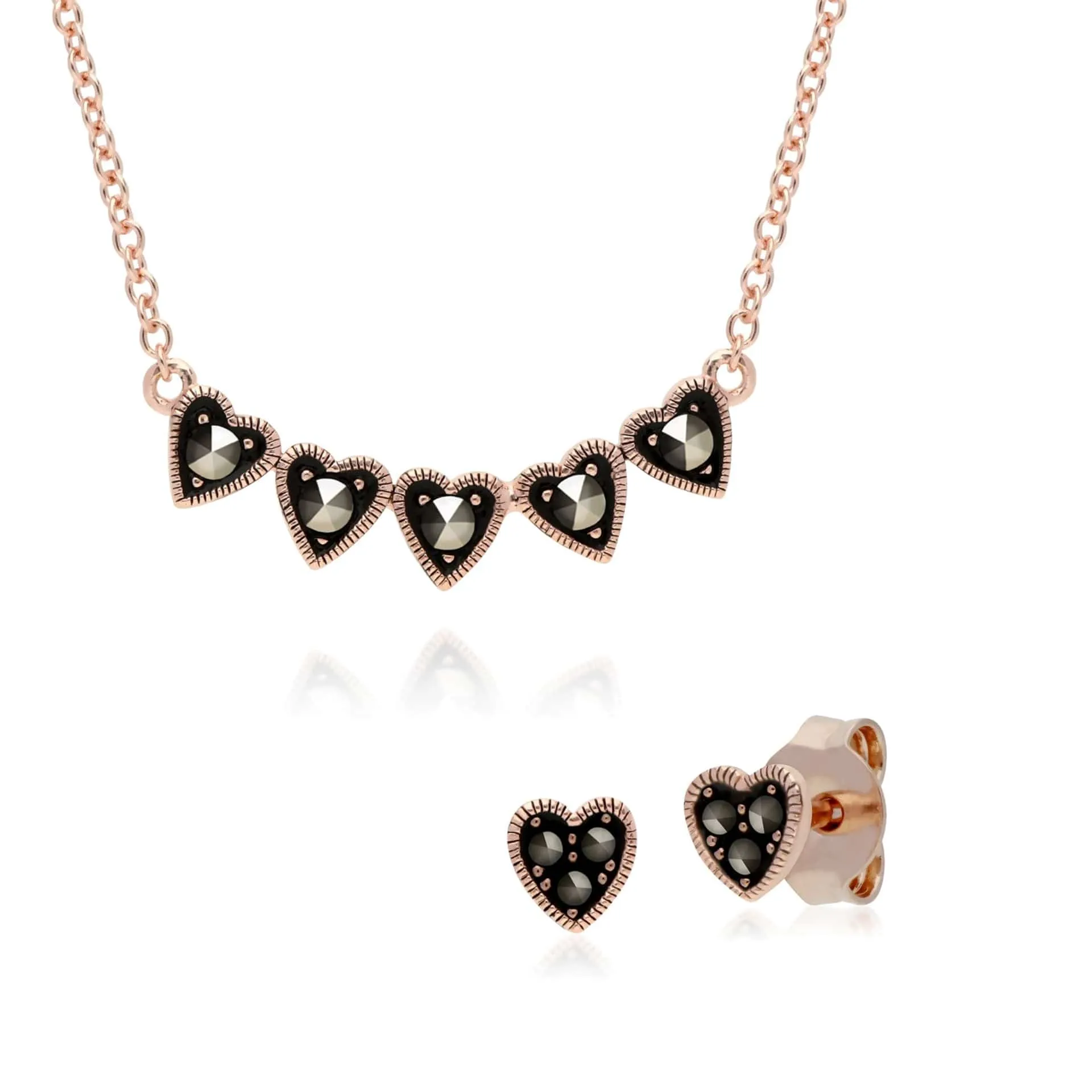 Rose Gold Plated Marcasite Heart Stud Earrings & Necklace Set in 925 Sterling Silver sold by Gemondo Jewellery