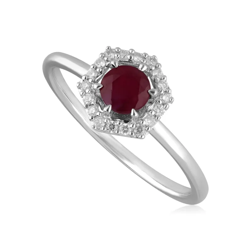9ct White Gold 0.48ct Ruby & Diamond Halo Engagement Ring sold by Gemondo Jewellery