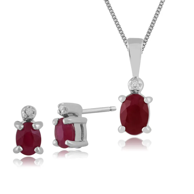 Classic Oval Ruby & Diamond Stud Earrings & Pendant Set in 9ct White Gold sold by Gemondo Jewellery