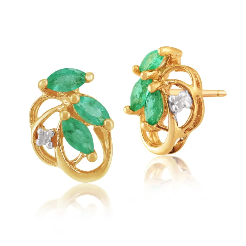 Floral Marquise Emerald & Diamond Stud Earrings in 9ct Yellow Gold sold by Gemondo Jewellery