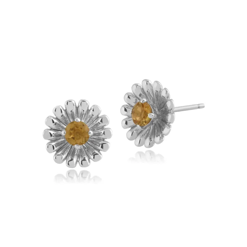 Floral Round Citrine Daisy Flower Stud Earrings in 925 Sterling Silver sold by Gemondo Jewellery
