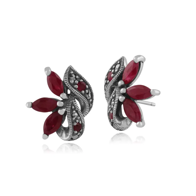Art Nouveau  Marquise Ruby & Marcasite Leaf Stud Earrings in 925 Sterling Silver sold by Gemondo Jewellery