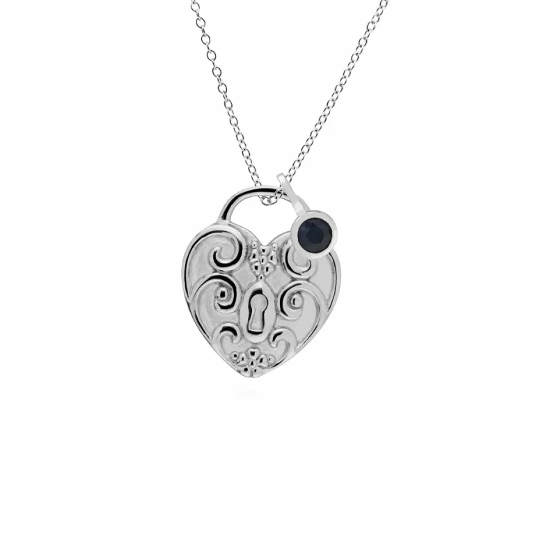 Classic Swirl Heart Lock Pendant & Sapphire Charm in 925 Sterling Silver sold by Gemondo Jewellery