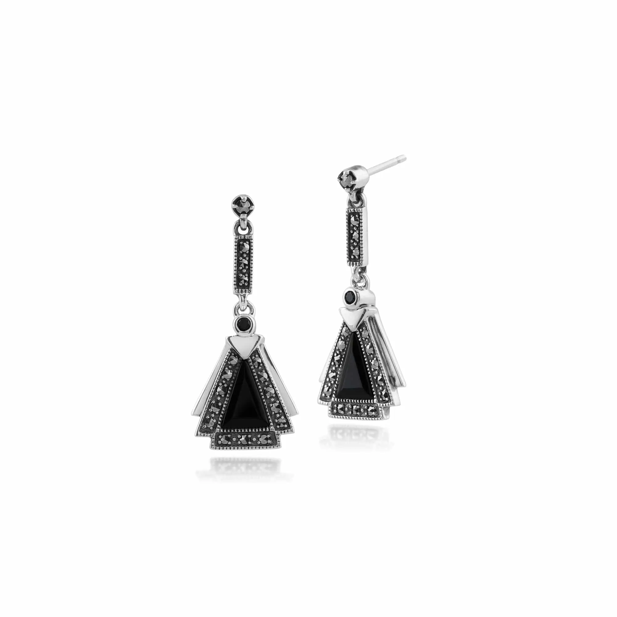 Sterling Silver Art Deco Black Onyx, Black Spinel & Marcasite Drop Earrings sold by Gemondo Jewellery
