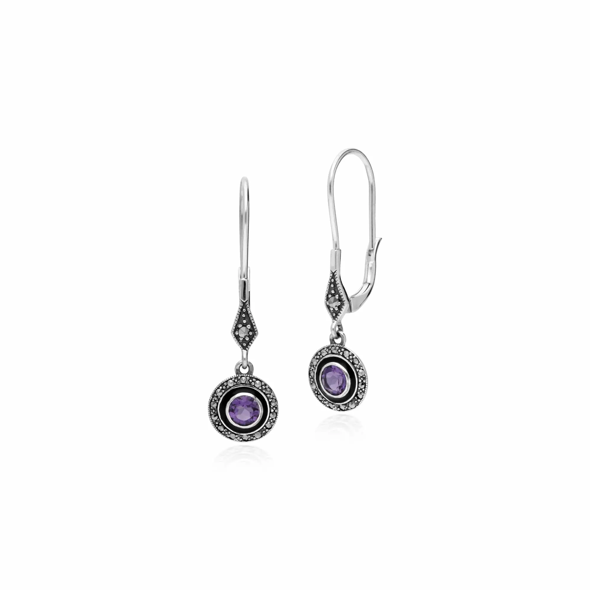Art Deco Style Round Amethyst, Marcasite & Enamel Drop Earrings in 925 Sterling Silver sold by Gemondo Jewellery