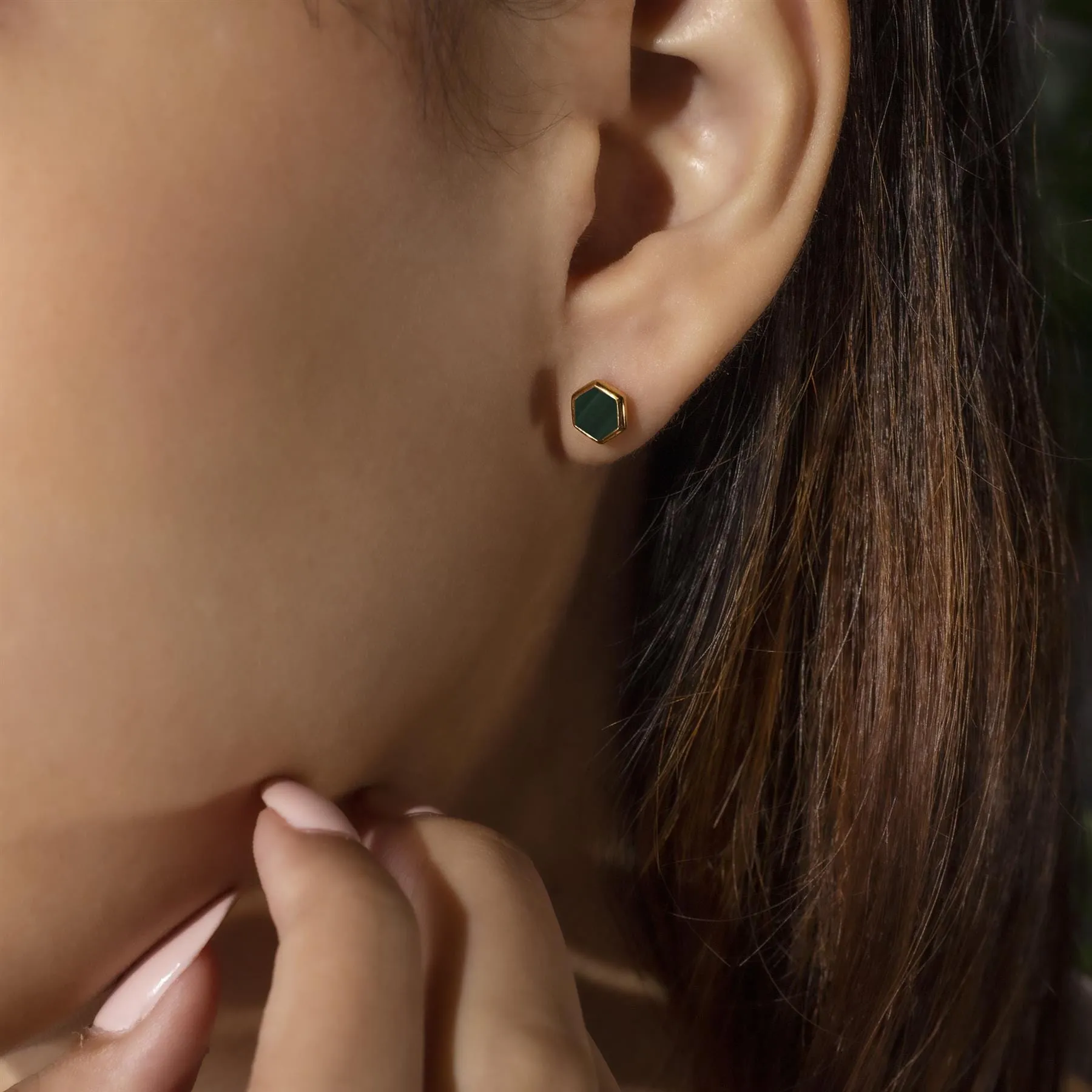 Micro Statement Malachite Stud Earrings in Gold Plated Silver sold by Gemondo Jewellery product image thumbnail 2