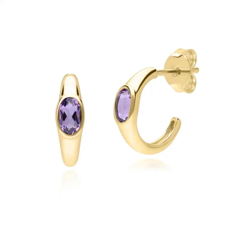 Modern Classic Oval Amethyst Hoop Earrings in 18ct Gold Plated Silver sold by Gemondo Jewellery