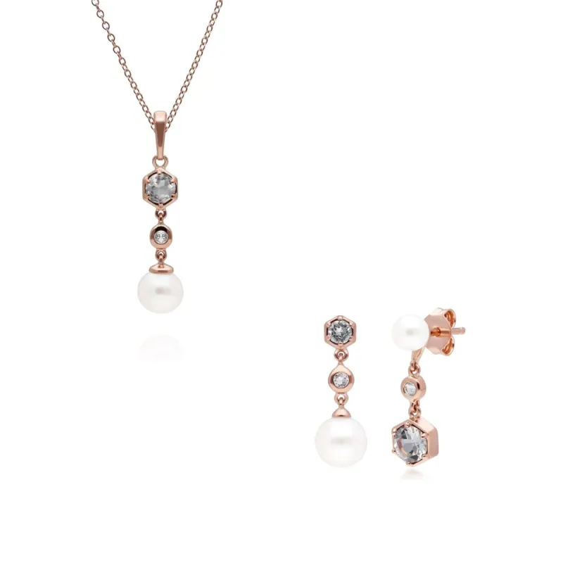 Modern Pearl & White Topaz Pendant & Earring Set in Rose Gold Plated Silver sold by Gemondo Jewellery