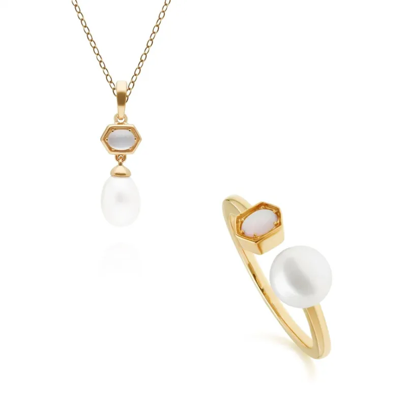 Modern Pearl & Moonstone Pendant & Ring Set in Gold Plated Silver sold by Gemondo Jewellery