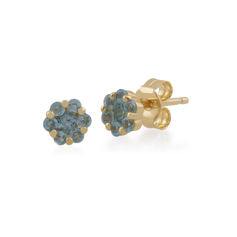 Floral Round Blue Topaz Cluster Stud Earrings in 9ct Yellow Gold sold by Gemondo Jewellery