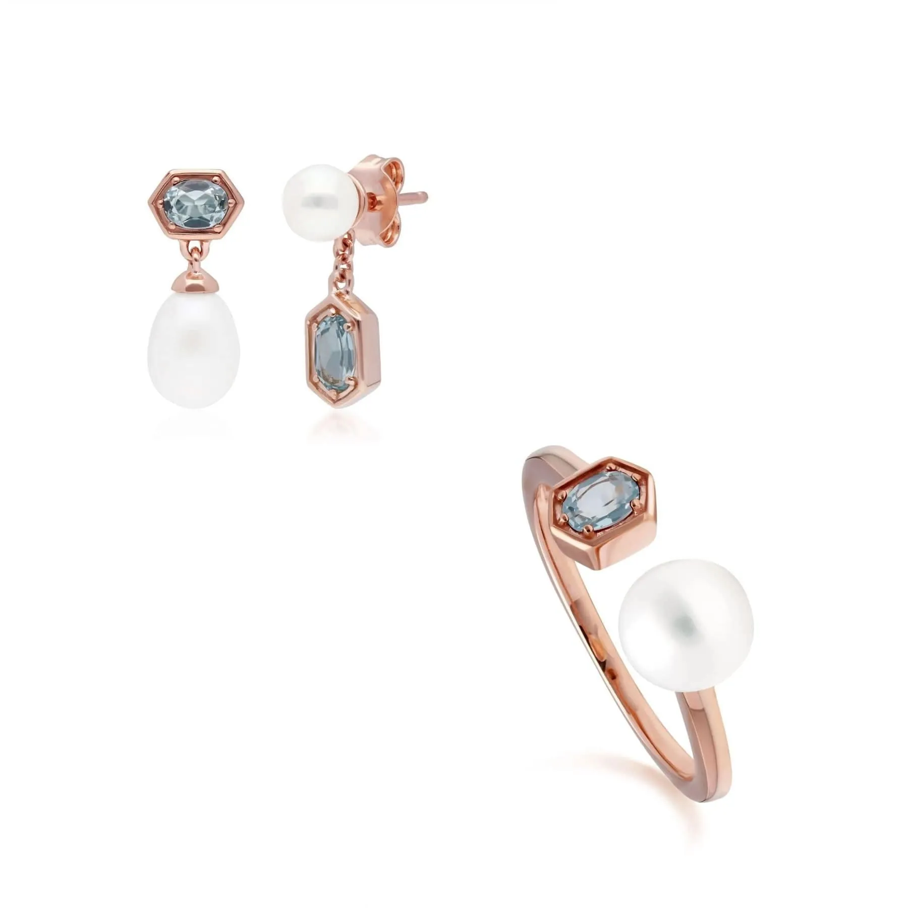 Modern Pearl & Blue Topaz Earring & Ring Set in Rose Gold Plated Silver sold by Gemondo Jewellery