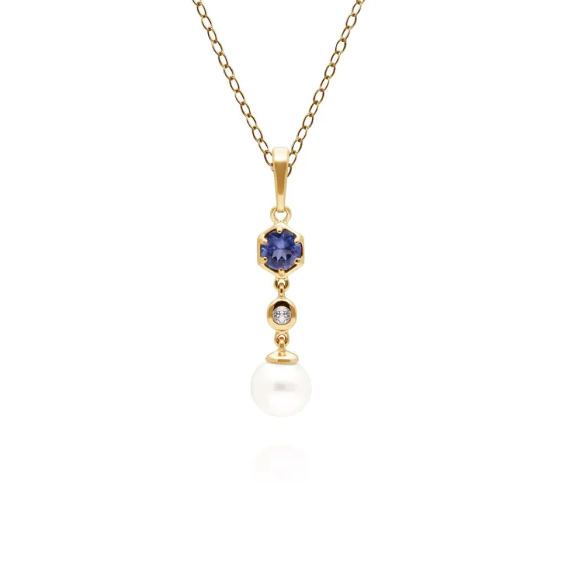 Modern Pearl, Tanzanite & Topaz Drop Pendant in Gold Plated Silver sold by Gemondo Jewellery
