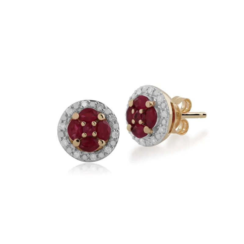 Classic Marquise Ruby & Diamond Halo Cluster Stud Earrings in 9ct Yellow Gold sold by Gemondo Jewellery
