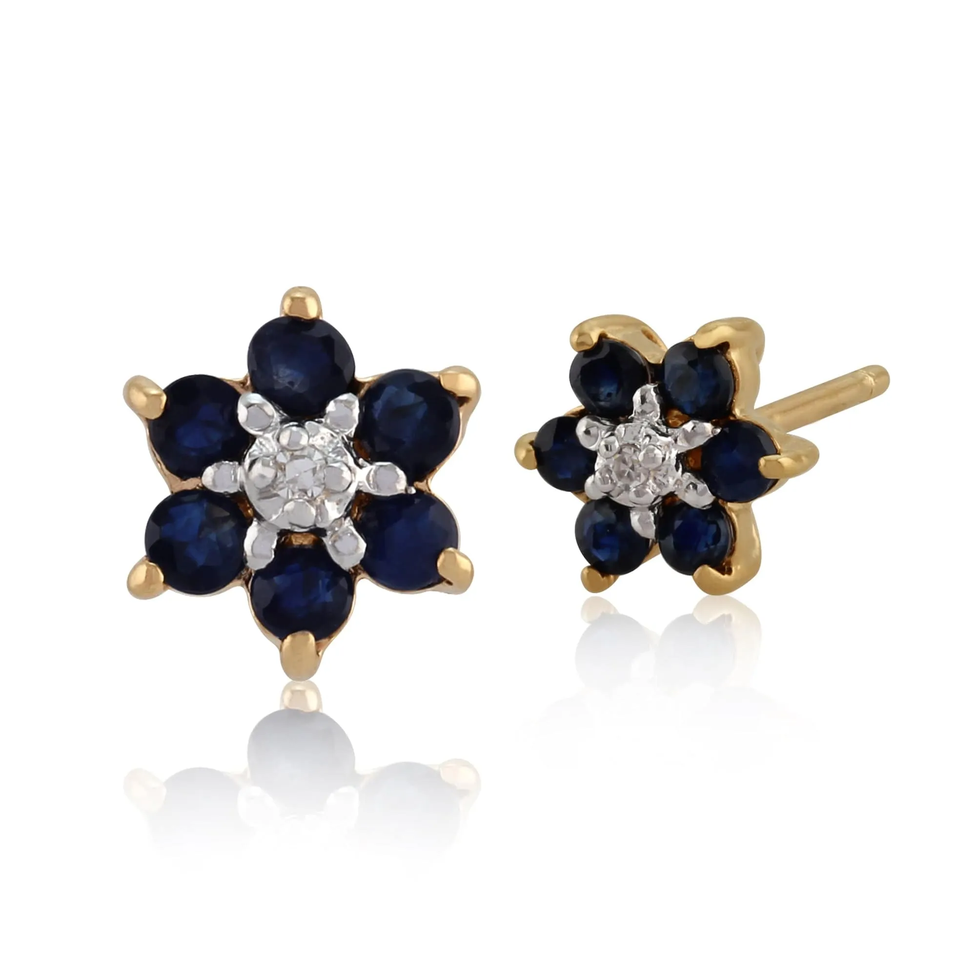 Floral Round Sapphire & Diamond Cluster Stud Earrings in 9ct Yellow Gold sold by Gemondo Jewellery