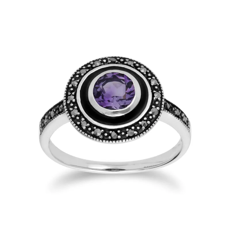 Art Deco Style Round Amethyst & Black Enamel Halo Ring in 925 Sterling Silver sold by Gemondo Jewellery