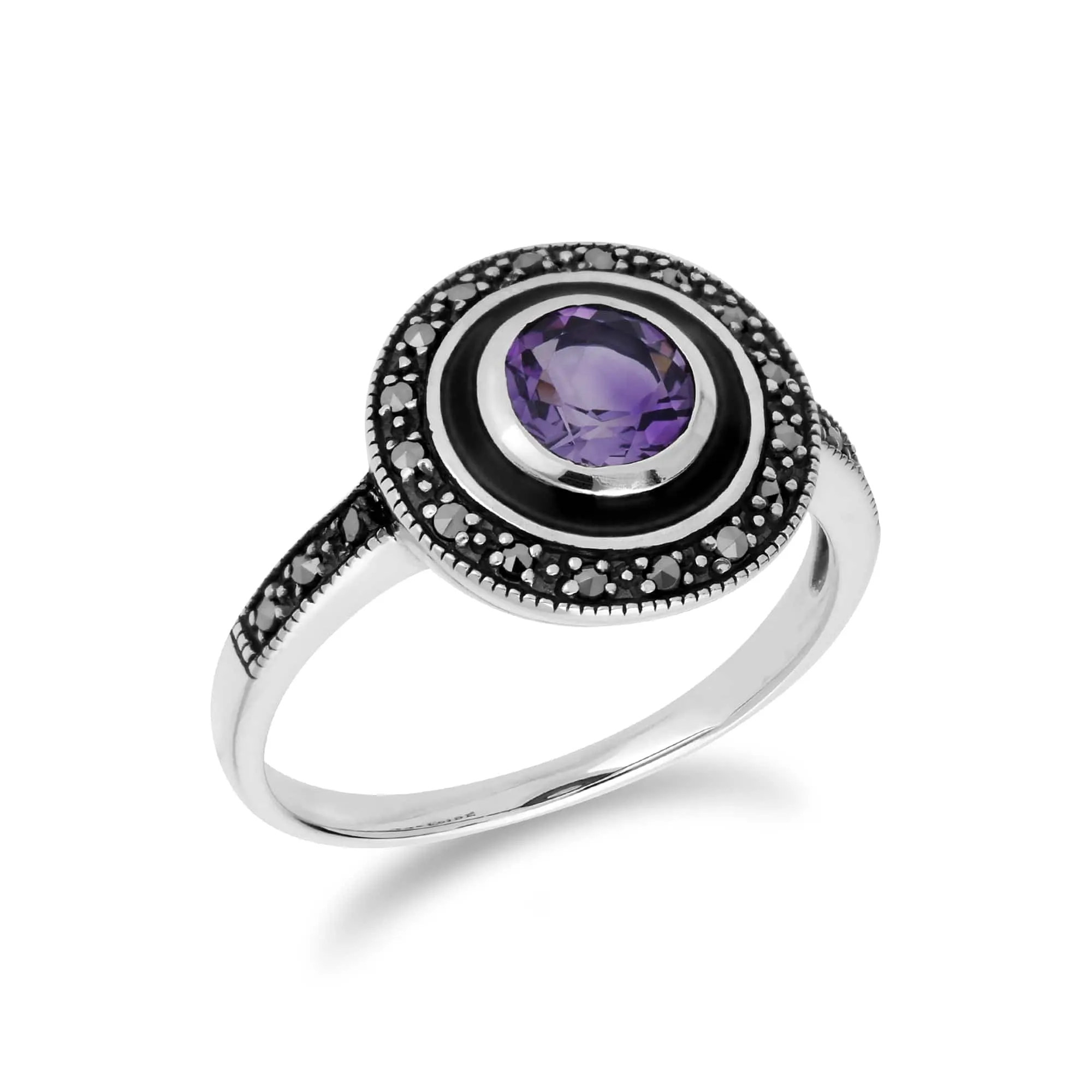 Art Deco Style Round Amethyst & Black Enamel Halo Ring in 925 Sterling Silver sold by Gemondo Jewellery product image thumbnail 2