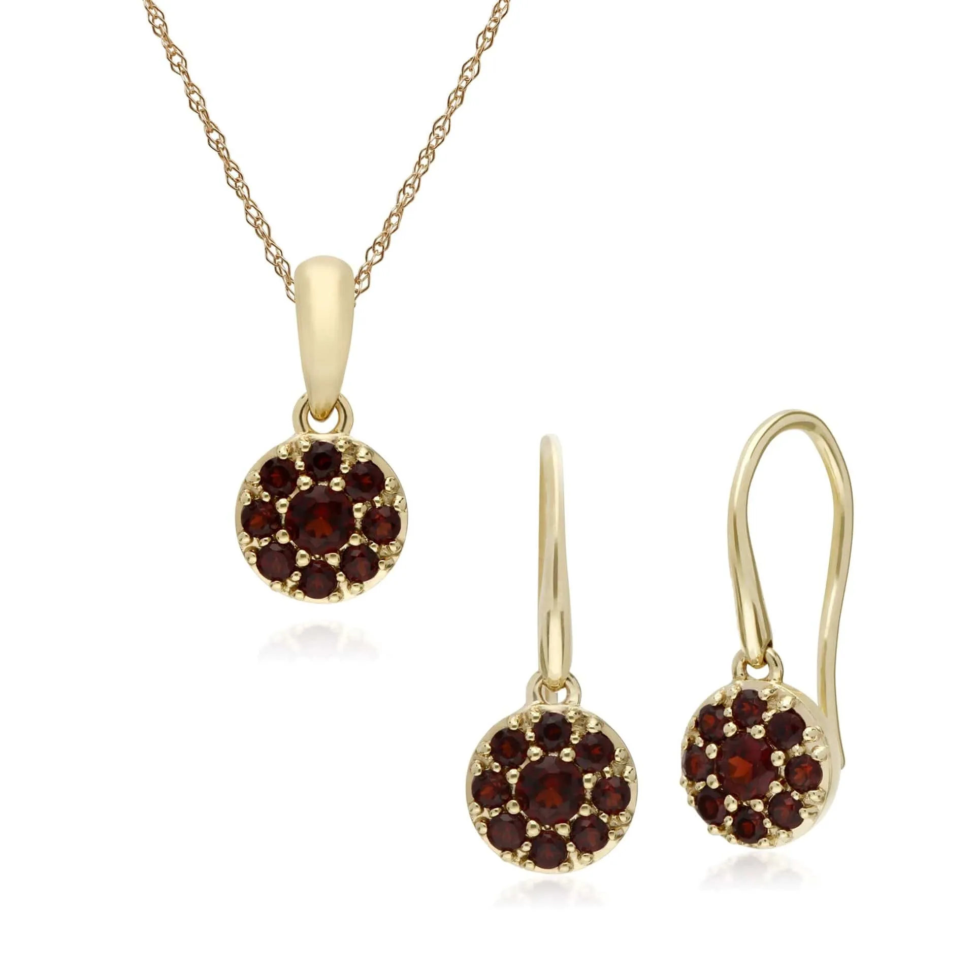 Classic Round Garnet Cluster Drop Earrings & Pendant Set in 9ct Yellow Gold sold by Gemondo Jewellery
