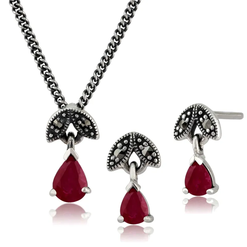 Art Deco Style Pear Ruby & Marcasite Leaf Drop Earrings & Pendant Set in 925 Sterling Silver sold by Gemondo Jewellery