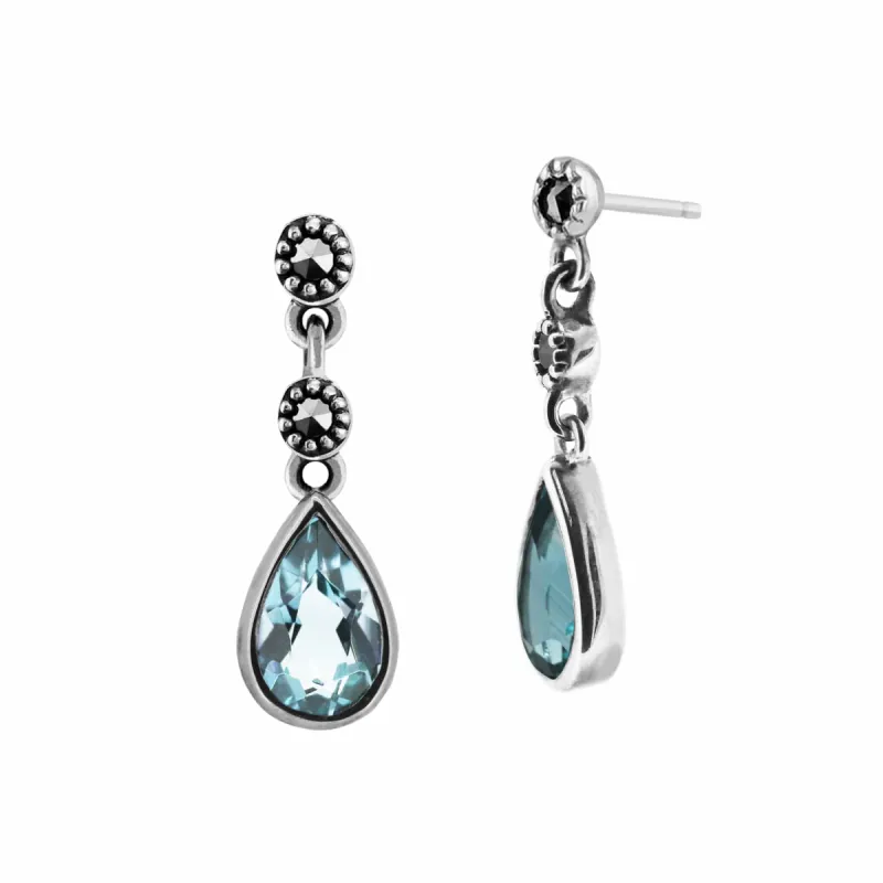 Gemondo Sterling Silver Blue Topaz & Marcasite Three Stone Drop Earrings sold by Gemondo Jewellery