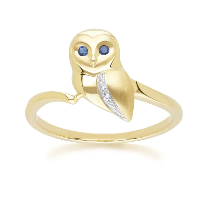 Gardenia Sapphire and White Sapphire Owl Ring in 9ct Yellow Gold sold by Gemondo Jewellery