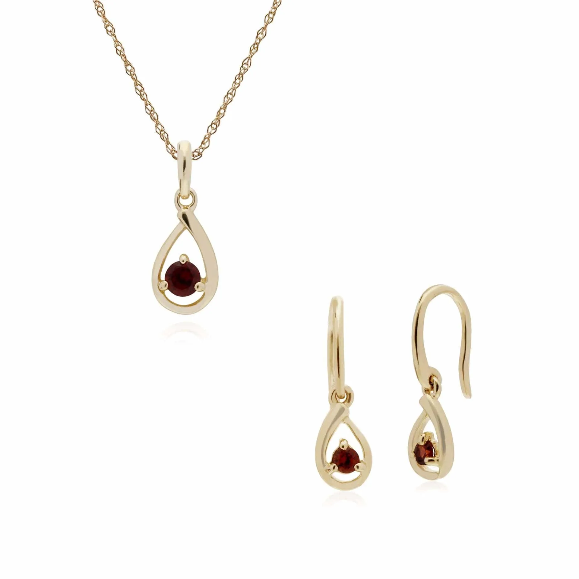 Classic Round Garnet Single Stone Tear Drop Earrings & Necklace Set in 9ct Yellow Gold sold by Gemondo Jewellery