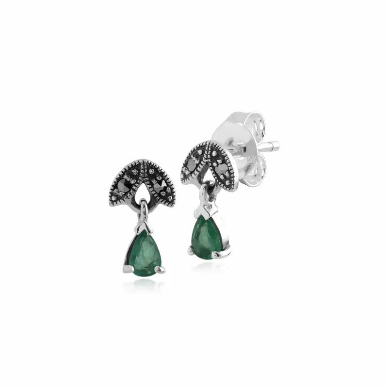 Art Nouveau Style Pear Emerald & Marcasite Drop Earrings in 925 Sterling Silver sold by Gemondo Jewellery