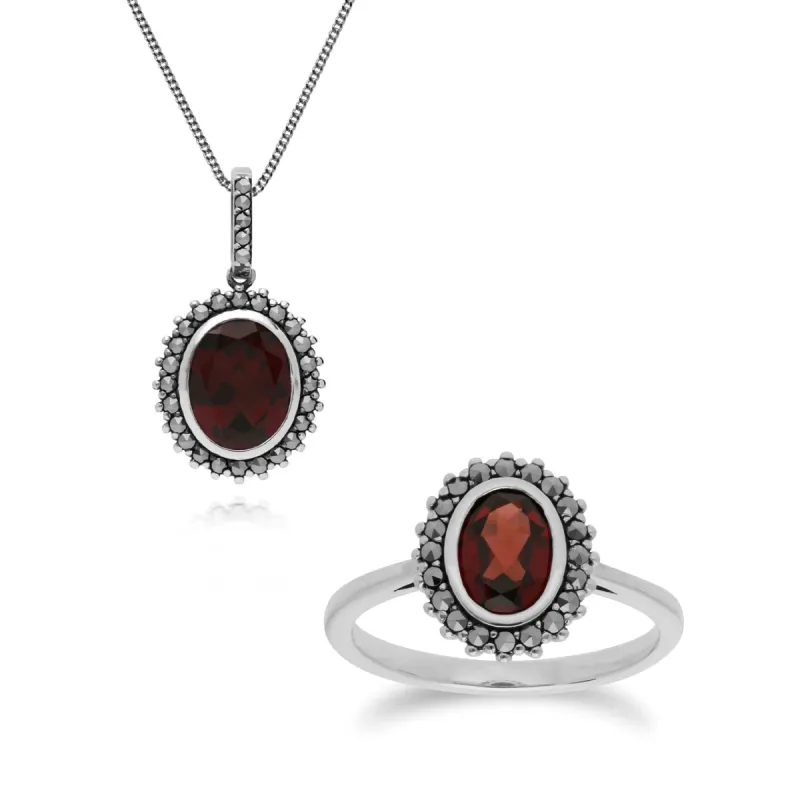 Art Deco Style Oval Garnet & Marcasite Halo Pendant & Ring Set in 925 Sterling Silver sold by Gemondo Jewellery