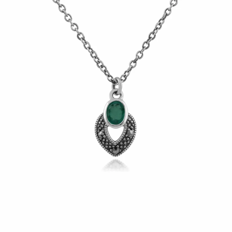 Art Deco Style Oval Emerald & Marcasite Necklace in 925 Sterling Silver sold by Gemondo Jewellery