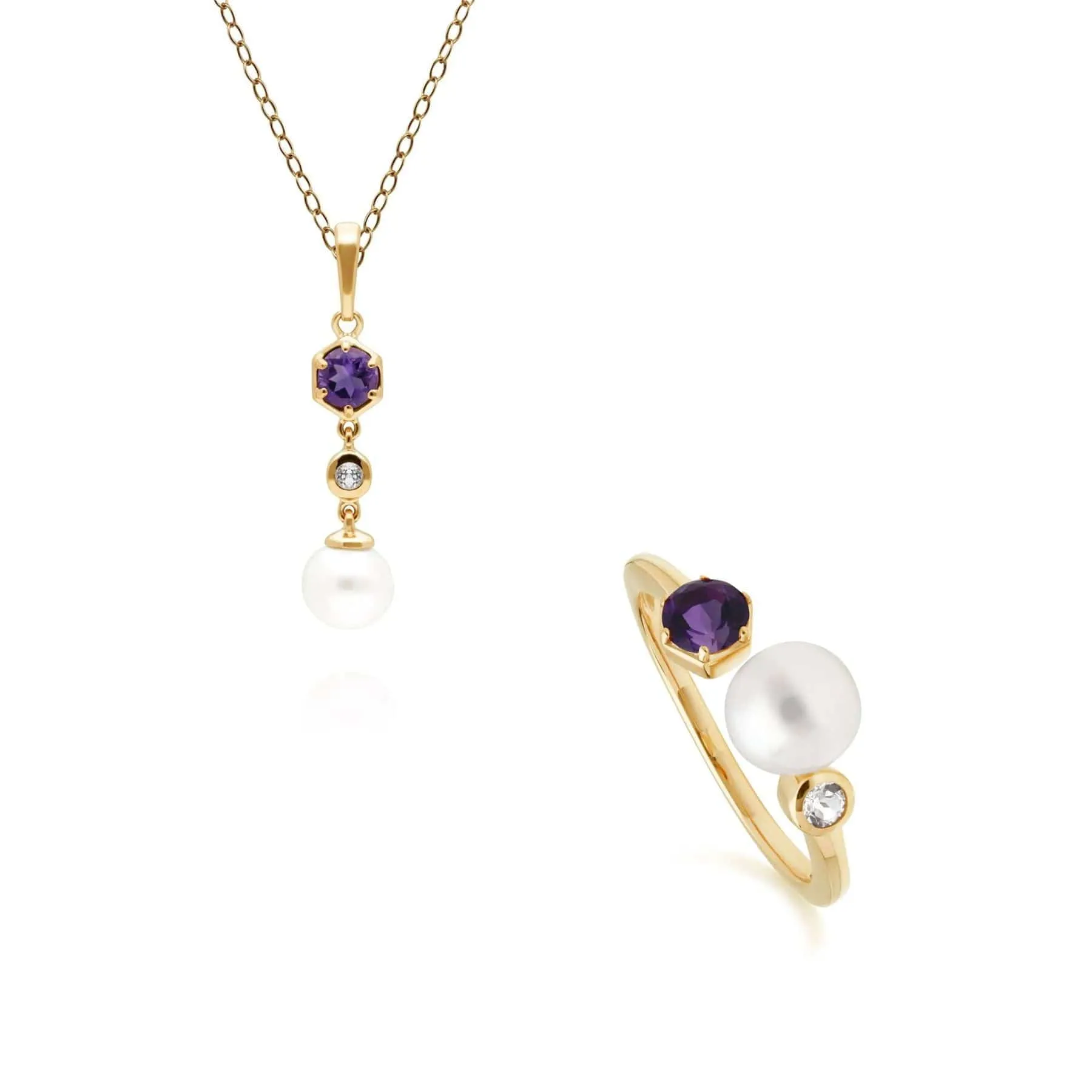 Modern Pearl, Topaz & Amethyst Pendant & Ring Set in Gold Plated Silver sold by Gemondo Jewellery