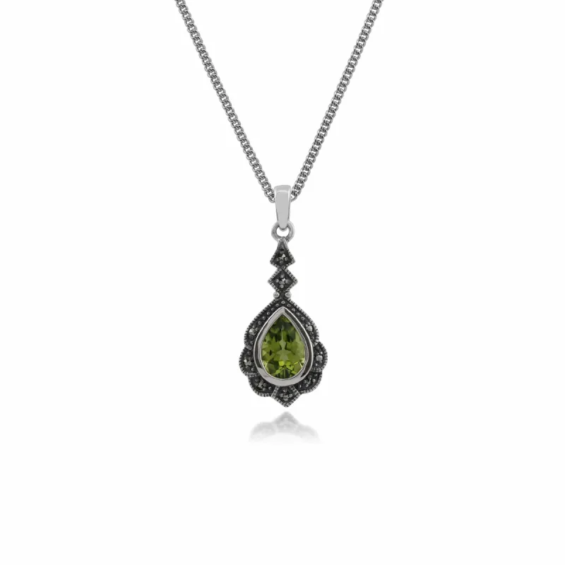 Art Nouveau Style Pear Peridot & Marcasite Leaf Pendant in 925 Sterling Silver sold by Gemondo Jewellery