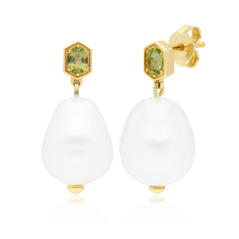 Modern Baroque Pearl & Peridot Drop Earrings in Gold Plated Silver sold by Gemondo Jewellery