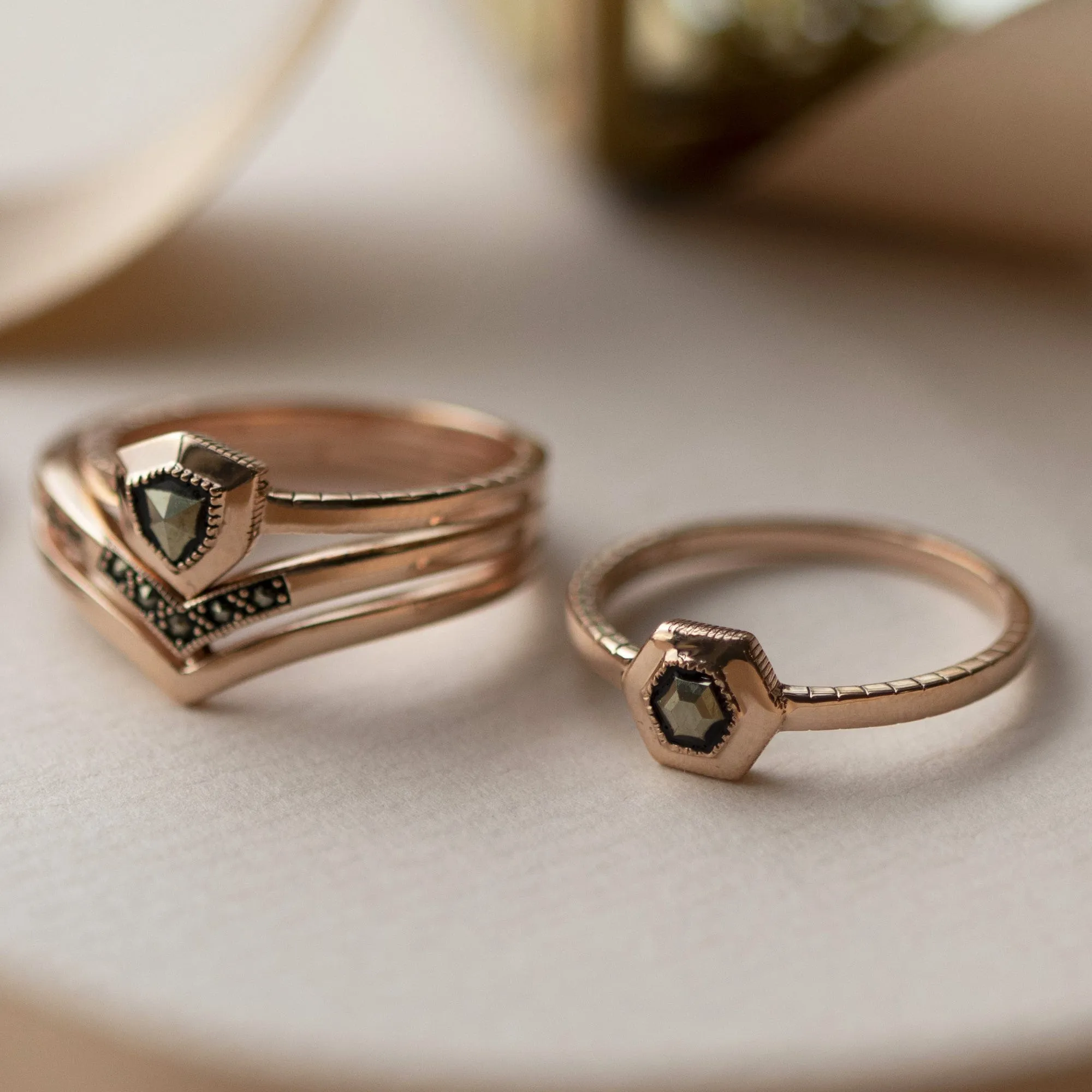 Rose Gold Plated Silver Marcasite Triangle Point Double Design Ring sold by Gemondo Jewellery product image thumbnail 4