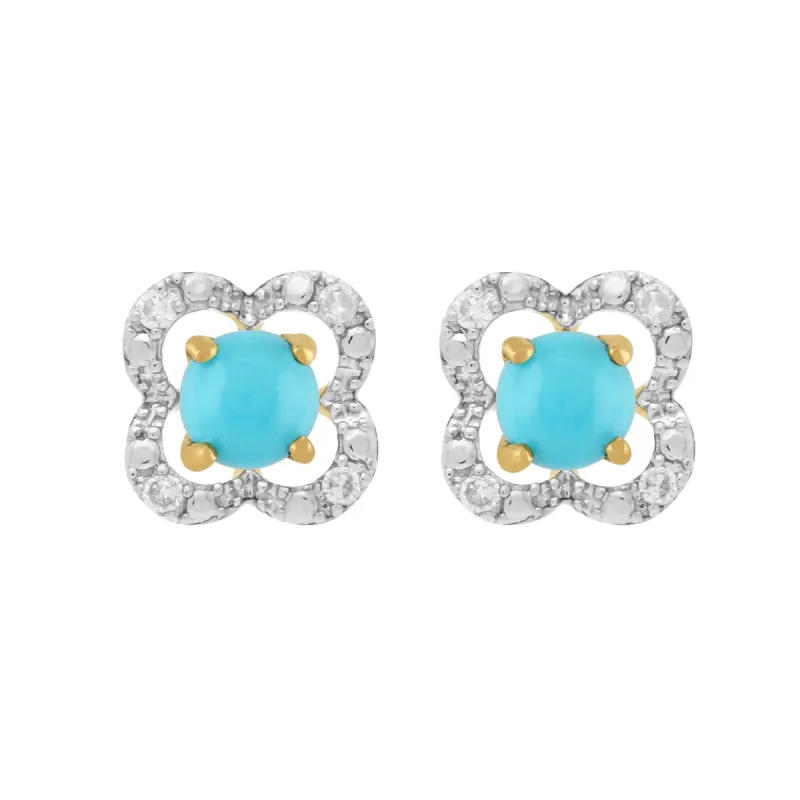 Classic Round Turquoise Stud Earrings with Detachable Diamond Floral Ear Jacket in 9ct Yellow Gold sold by Gemondo Jewellery