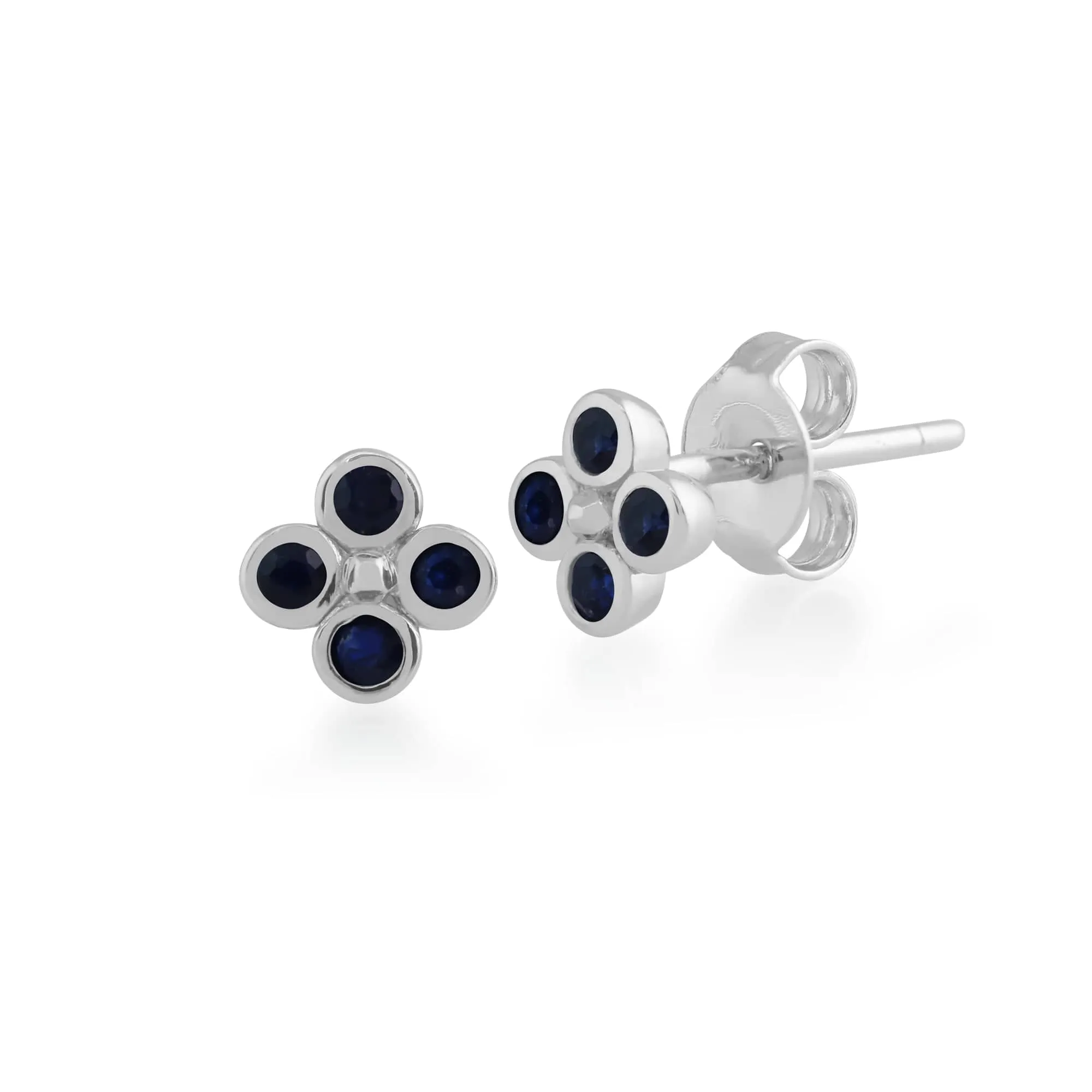 Floral Round Sapphire Bezel Set Clover Stud Earrings in 925 Sterling Silver sold by Gemondo Jewellery