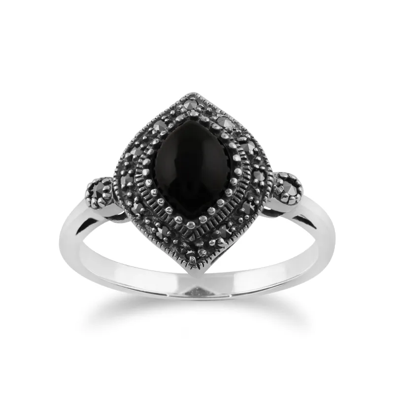 Gemondo 925 Sterling Silver 1.00ct Black Onyx & Marcasite Art Deco Ring sold by Gemondo Jewellery