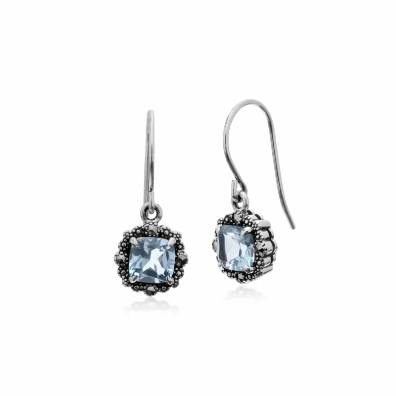 Art Deco Style Square Cushion Blue Topaz & Marcasite Drop Earrings in 925 Sterling Silver sold by Gemondo Jewellery