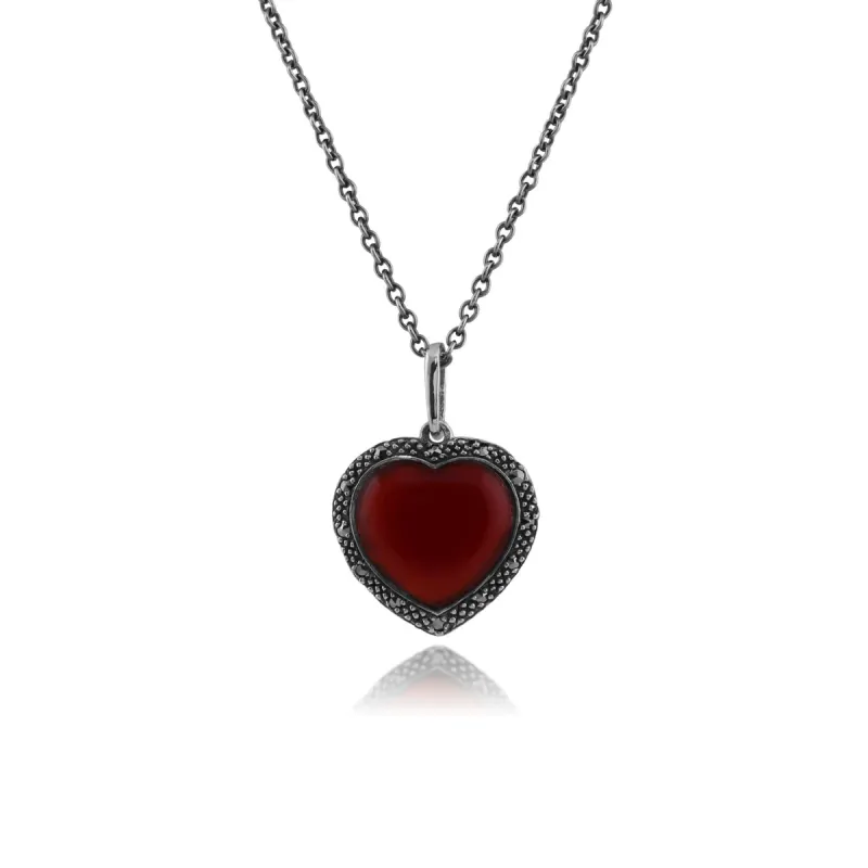 Art Deco Style Heart Carnelian & Marcasite Halo Love Heart Pendant in 925 Sterling Silver sold by Gemondo Jewellery