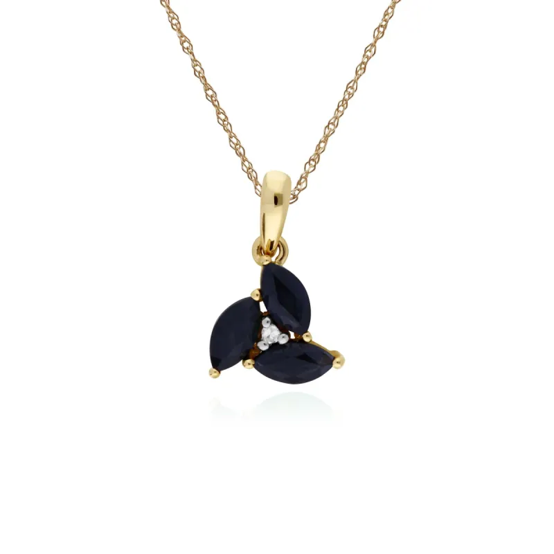 Floral Marquise Sapphire & Diamond Cluster Pendant in 9ct Yellow Gold sold by Gemondo Jewellery