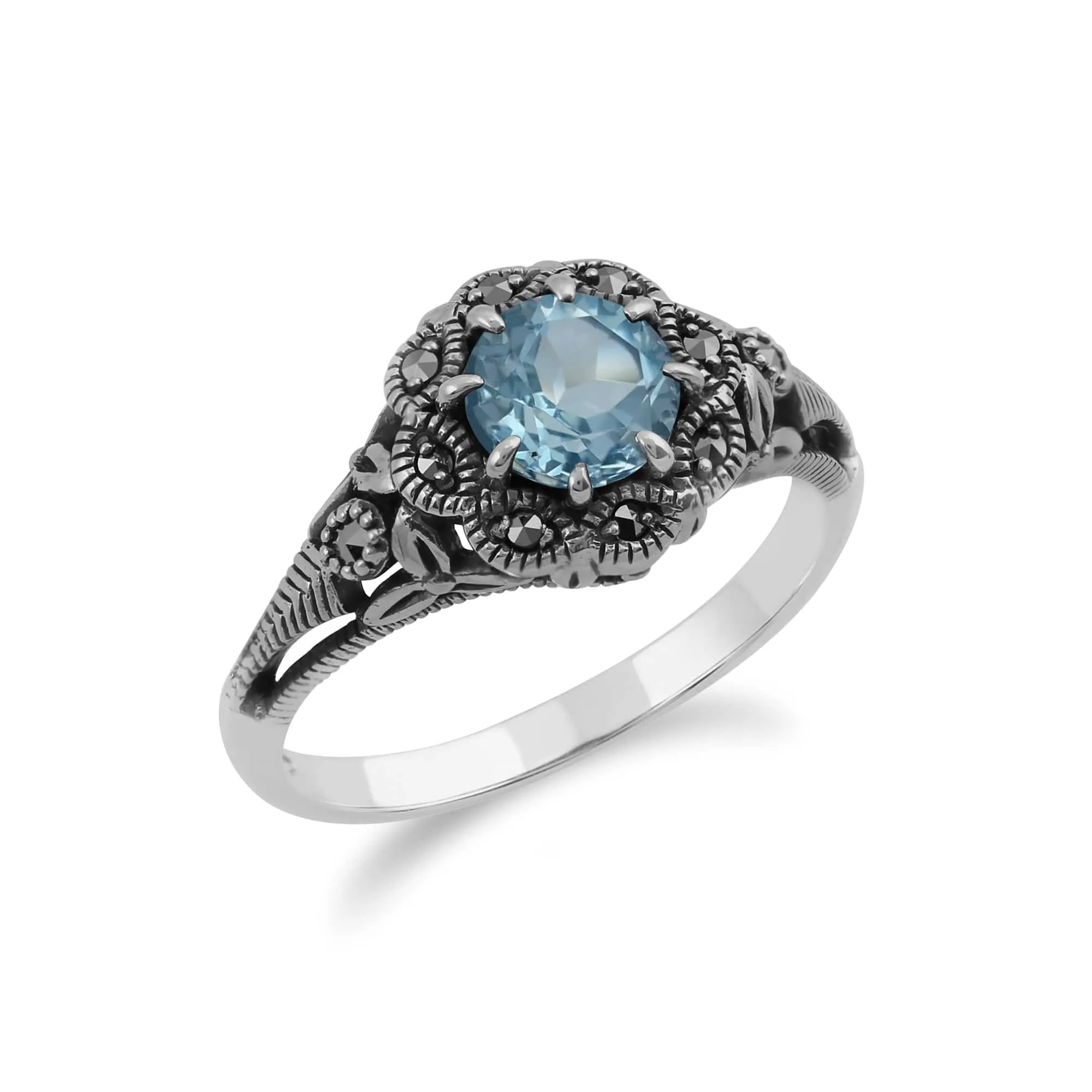 Art Nouveau Style Round Blue Topaz & Marcasite Floral Ring in Sterling Silver sold by Gemondo Jewellery product image thumbnail 2