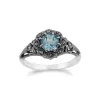 Art Nouveau Style Round Blue Topaz & Marcasite Floral Ring in Sterling Silver sold by Gemondo Jewellery