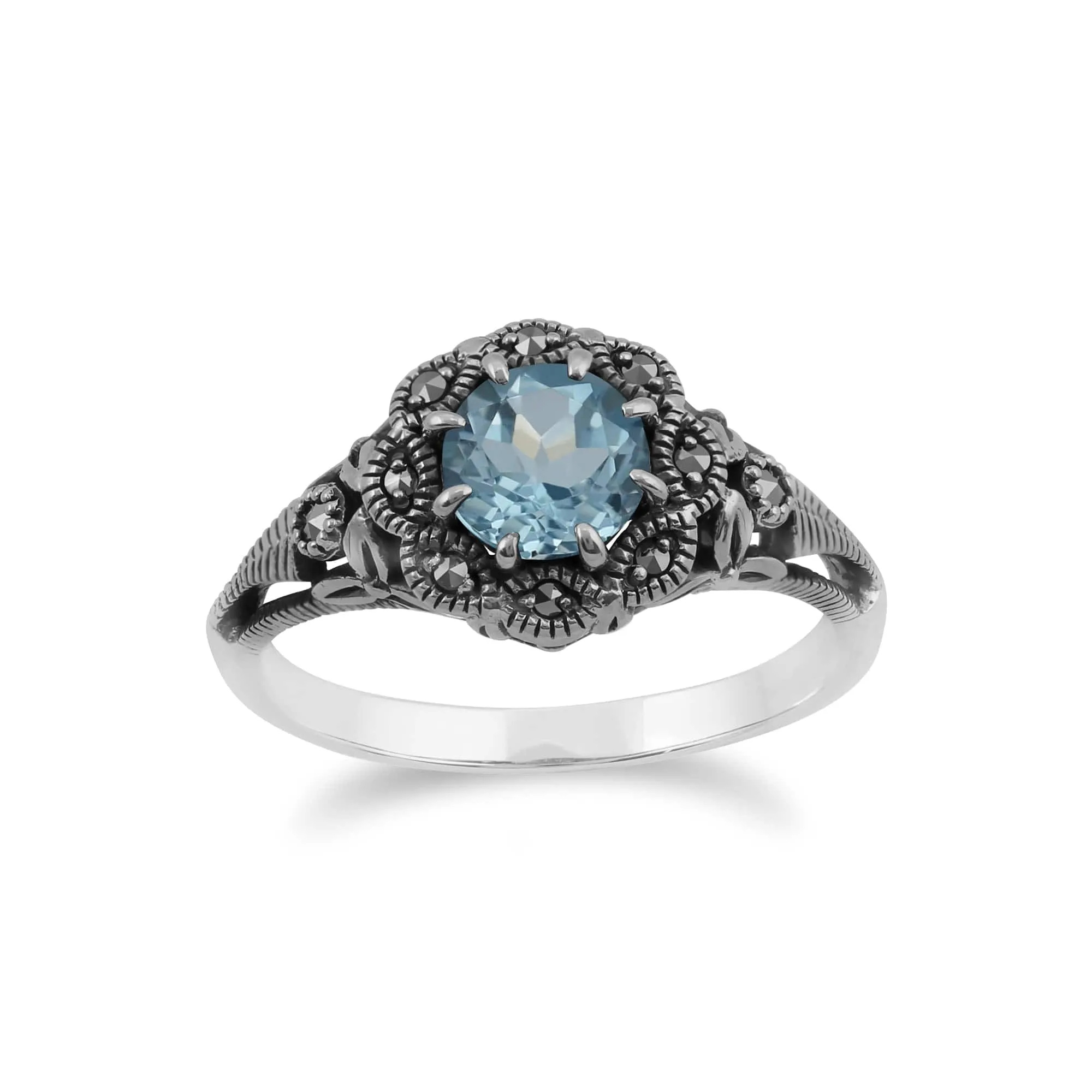 Art Nouveau Style Round Blue Topaz & Marcasite Floral Ring in Sterling Silver sold by Gemondo Jewellery