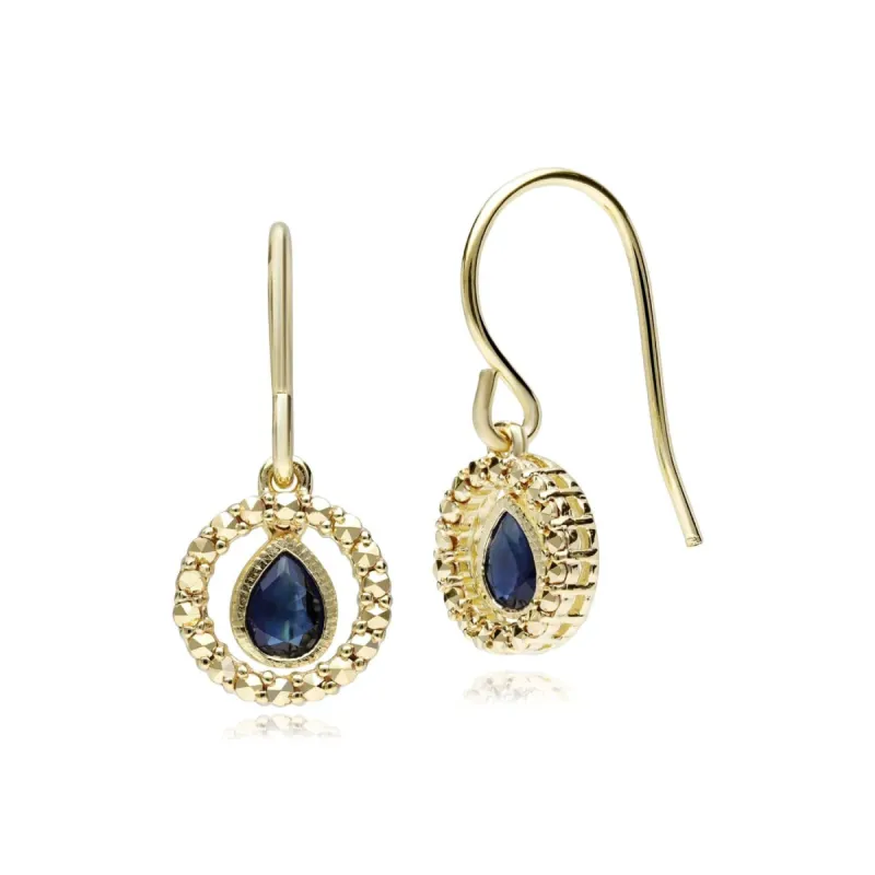 Sapphire & Marcasite Halo Drop Earrings in 18ct Gold Plated Silver sold by Gemondo Jewellery
