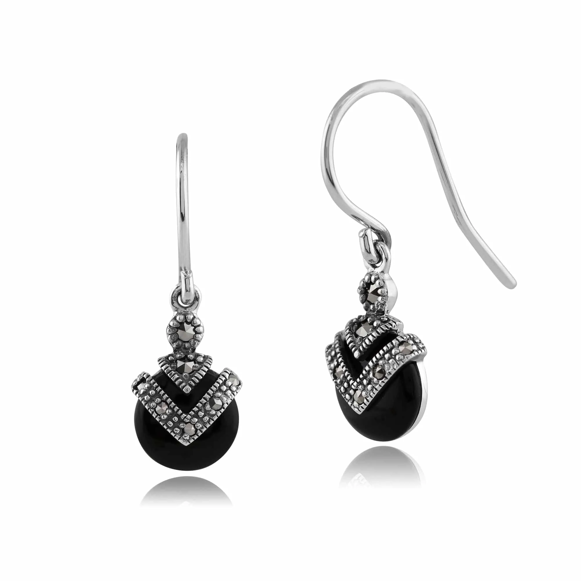 Art Deco Style Round Black Onyx & Marcasite Drop Earrings in 925 Sterling Silver sold by Gemondo Jewellery
