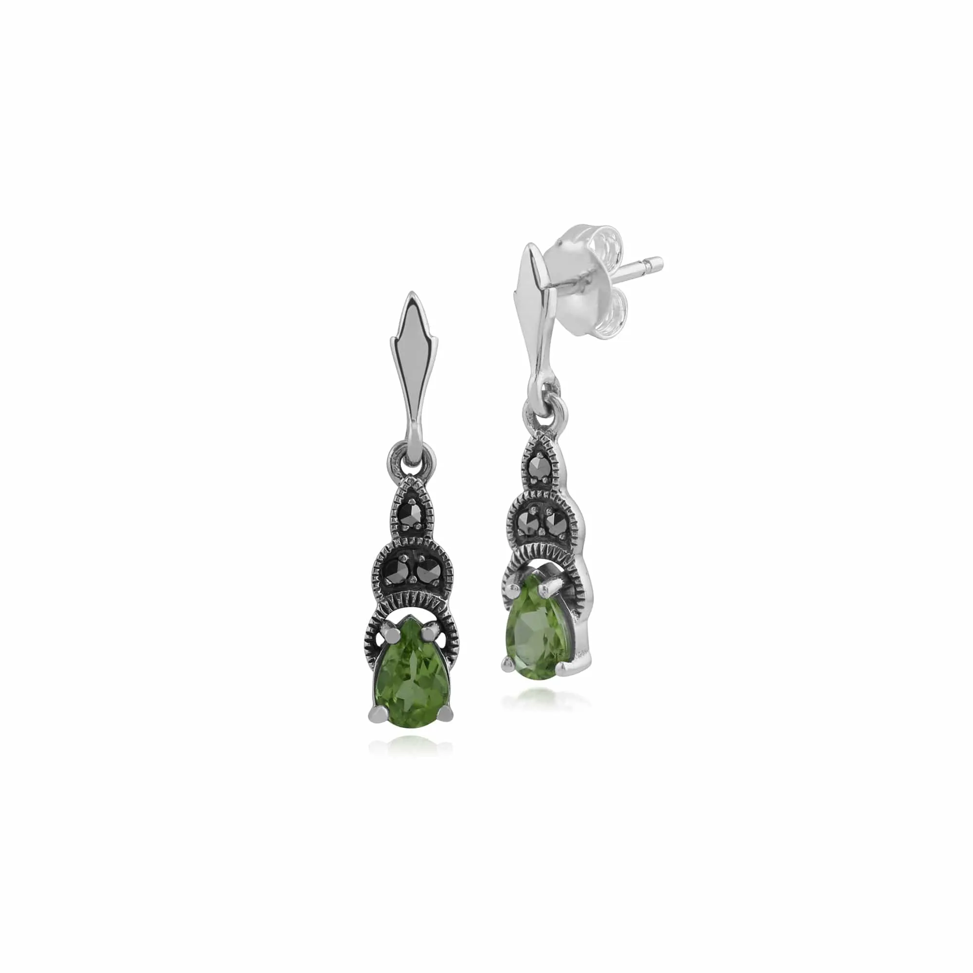 Art Deco Style Pear Peridot & Marcasite Drop Earrings in 925 Sterling Silver sold by Gemondo Jewellery