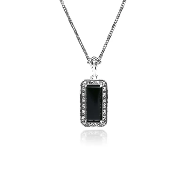 Art Deco Style Octagon Onyx and Marcasite Pendant Necklace in Sterling Silver sold by Gemondo Jewellery